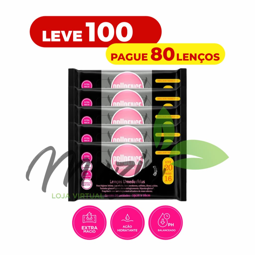 Kit com 5 Pcte Lenço Umedecido Prudence Intimo Pague 80 Leve 100 Lenços