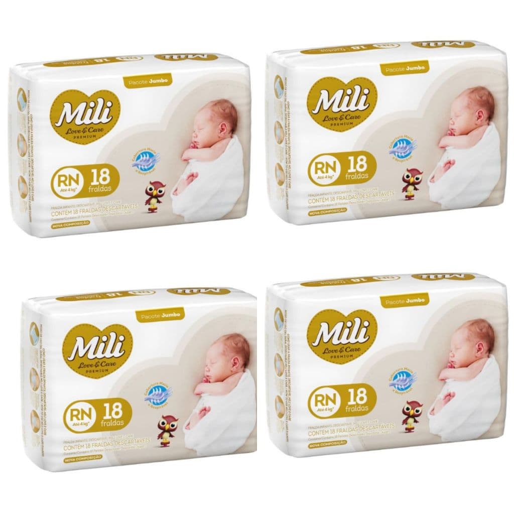 Kit Fralda RN descartável Mili Love & Care Premium com 72 unidades - 4 pacotes