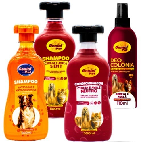 Kit Shampoo Condicionador Perfume Avela e Cereja + Shampoo Banho Anti Pulgas Para Cachorro e Gato