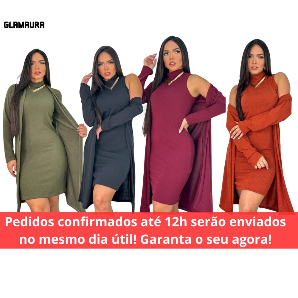 Conjunto Feminino Vestido e Cardigan de Lãzinha Kimono, Vestido Feminino Elegante, Roupa Feminina