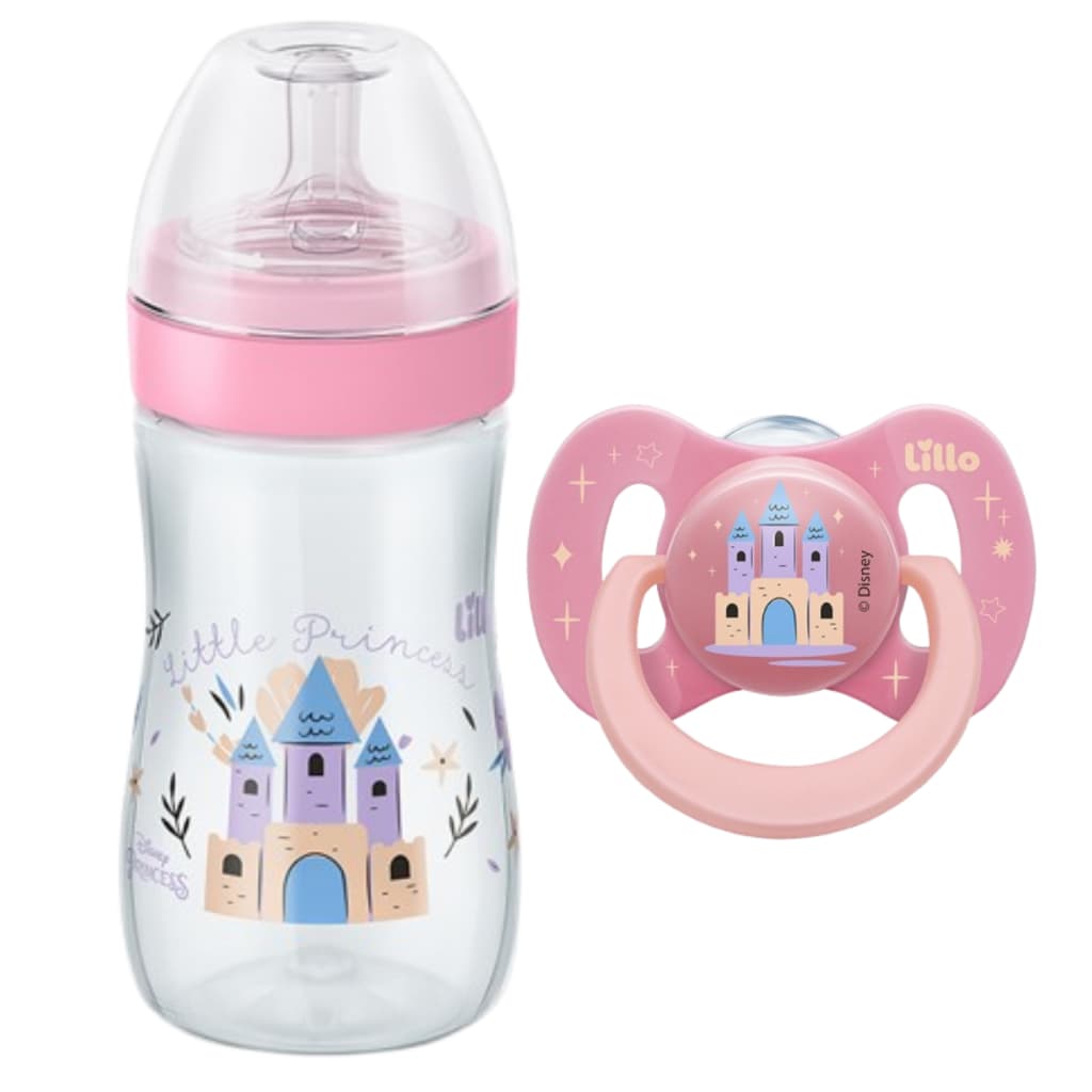 Kit Mamadeira Lillo Evolution Bico Reto 300 mL com Chupeta Ortodôntica +6 Meses Disney Princesas