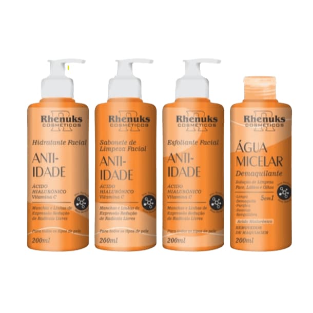 Kit Facial Tratamento Anti-Idade Rhenuks - Sabonete, Esfoliante, Hidratante e Água Micelar facial