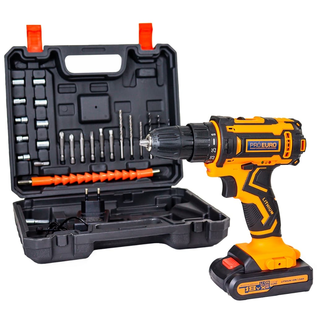Parafusadeira Furadeira Sem Fio 12V 10mm Bivolt Pró Euro com Maleta e Kit Brocas