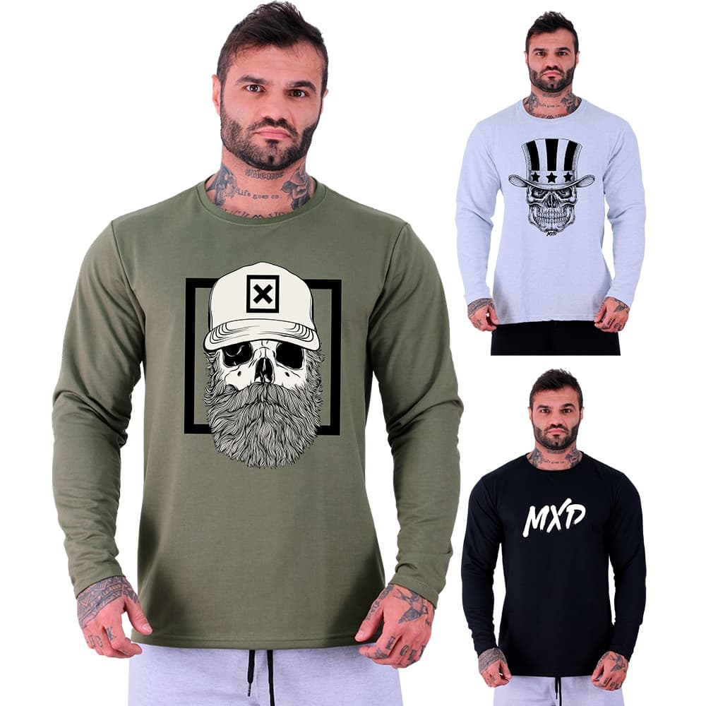 Kit 3 Camisetas Manga Longa Moletinho MXD Conceito Caveiras Letreiros Treino Musculação