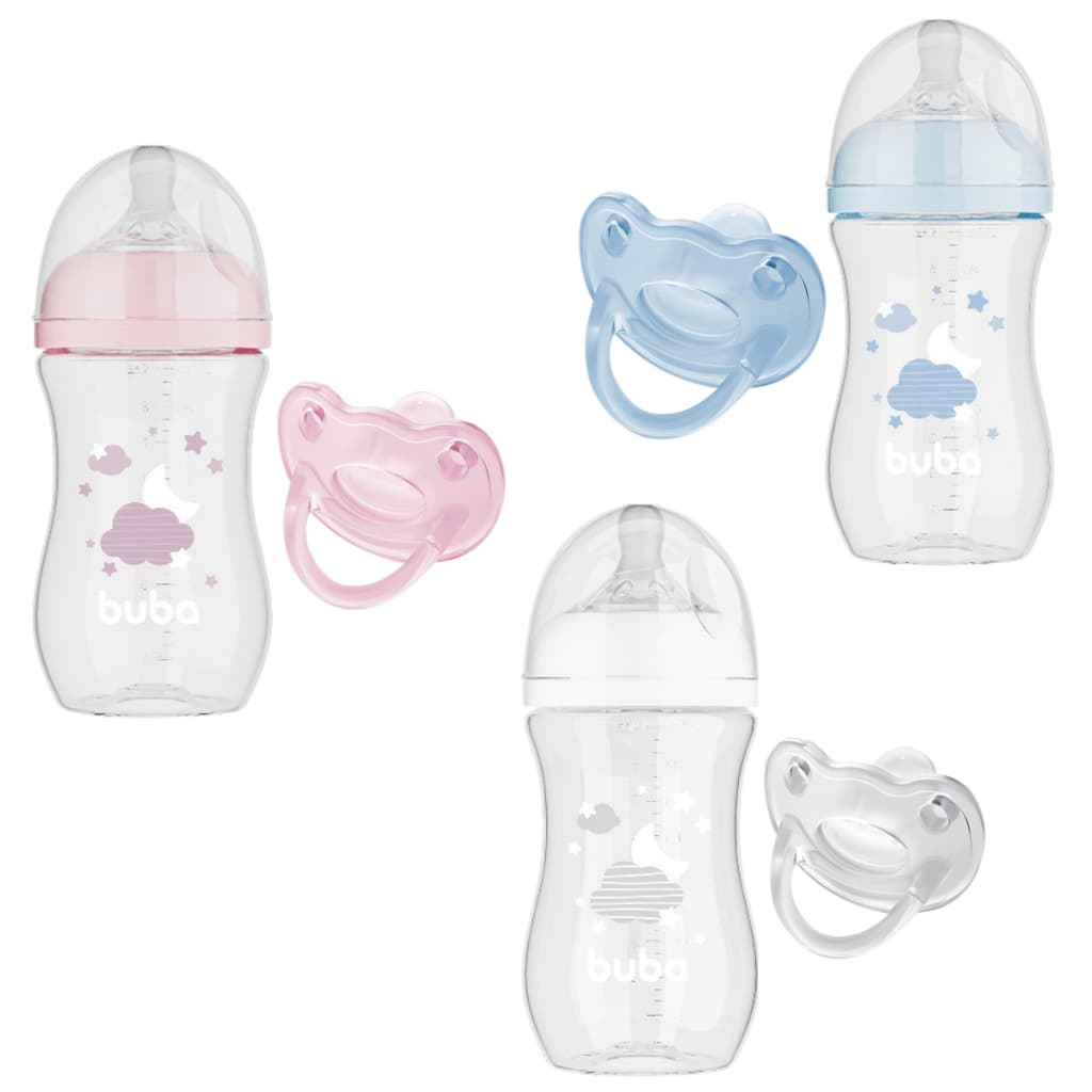 Kit Bebe Mamadeira Anticólica Easy Flow Buba 270 mL e Chupeta Lillo 100% Silicone Ortodôntica