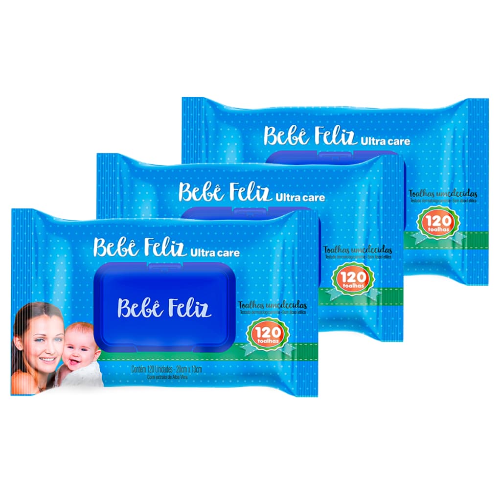 Kit 3 Lenços Umedecidos Bebê Feliz - Total de 360 Unidades - Com Tampinha