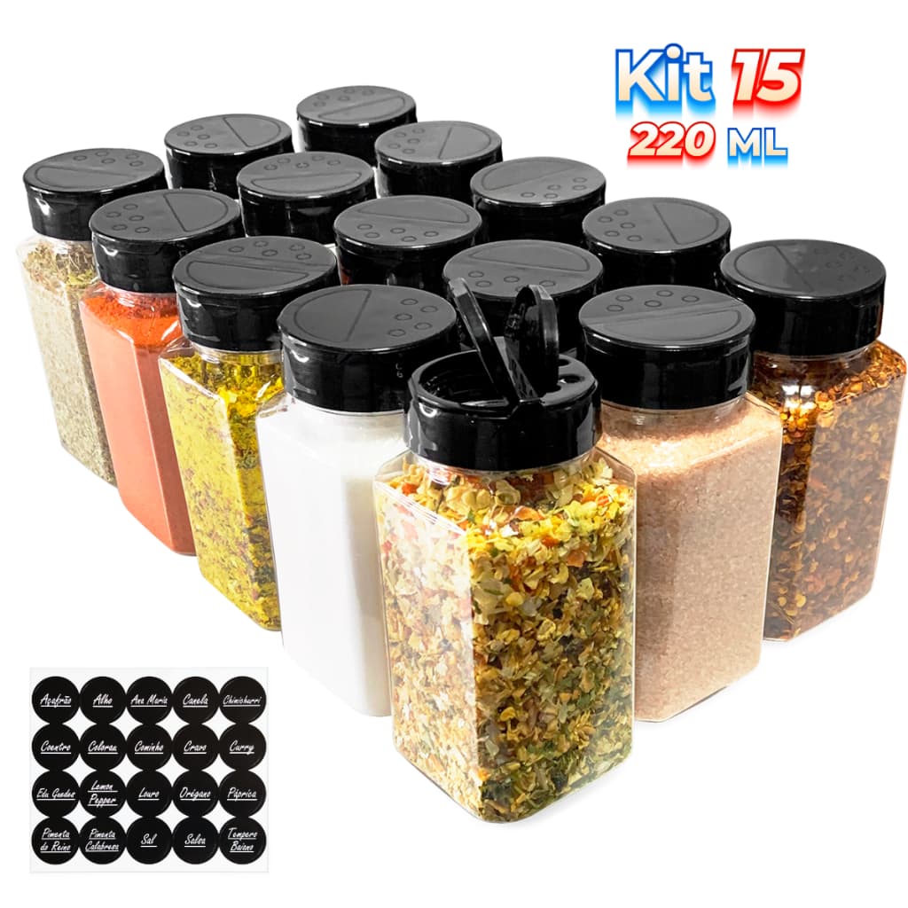 15 Potes Temperos Condimentos Sal Parrilha 220ml Tampa Dupla Reforçada com Etiquetas