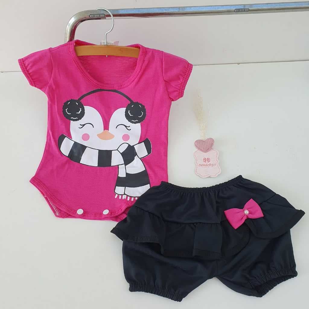 Conjunto Bebe Short Saia e Body Bebe Menina  Pinguim Fofo Roupa de Bebe Blogueirinha
