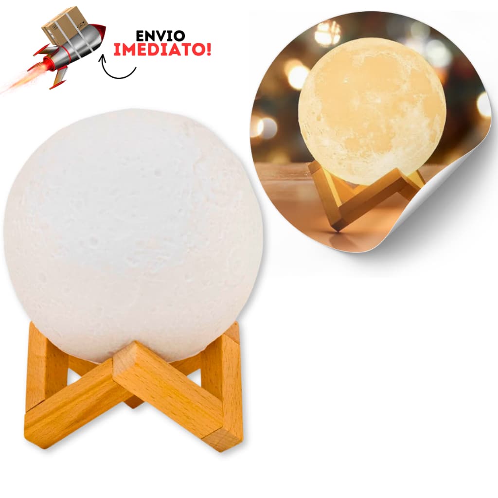 Abajur Luminária Lua Cheia 3d Led De Mesa Sem Fio Quarto Cúpula Branco Estrutura Marrom claro
