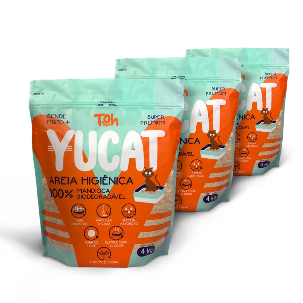 Kit 3 Areias Mandioca de Gato Sem Cheiro Biodegradável Higiênica Yucat Fina Areia Sanitária 4kg Premium Toh Dog