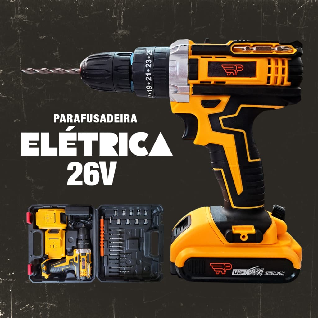 Furadeira Parafusadeira 26V Elétrica Impacto Sem Fio Profissional 2 Baterias Portátil com Brocas