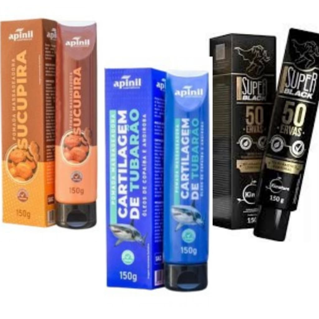 Kit 3un Pomadas Massageadoras 150g Bio Instinto  -Sucupira--- Super Black 50 Ervas -tubarao