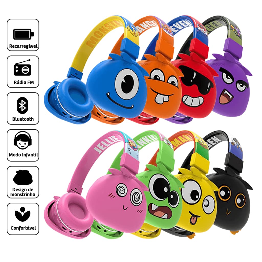Fone de Ouvido Bluetooth Headset Infantil Monster sem Fio Com Microfone