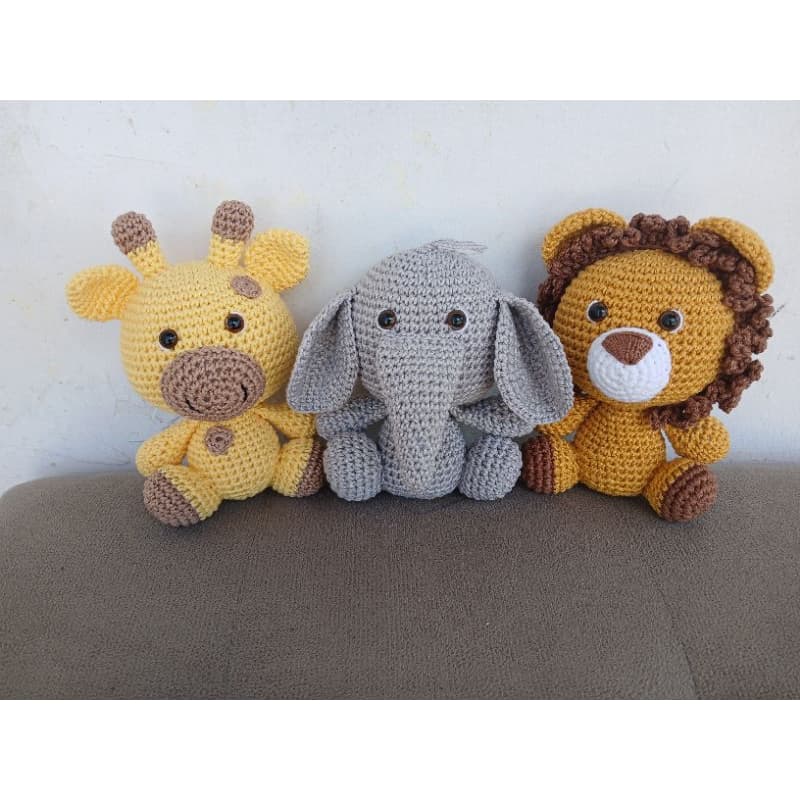 kit safari baby de crochê amigurumi ( girafa, leão, elefante)