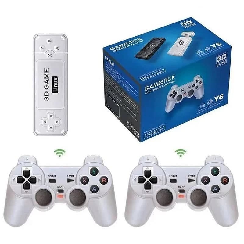 Game Stick Y6 Original 64GB Video Game Retrô com 2 Controles Brancos Sem Fio