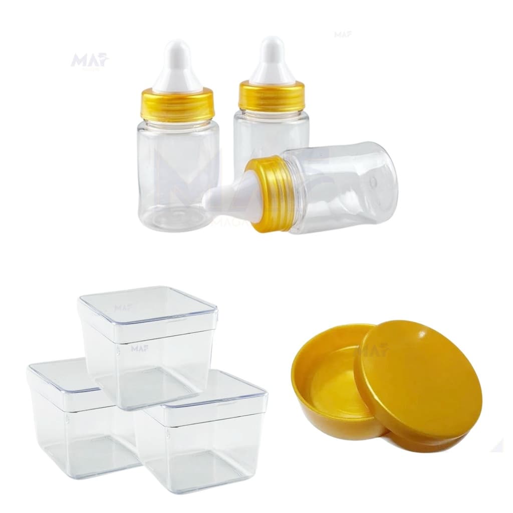 Kit Chá de Bebê 10 Mini Mamadeira, 10 Latinhas, 10 Caixinhas 5x5 acrilicas Lembrancinha Festa Fácil