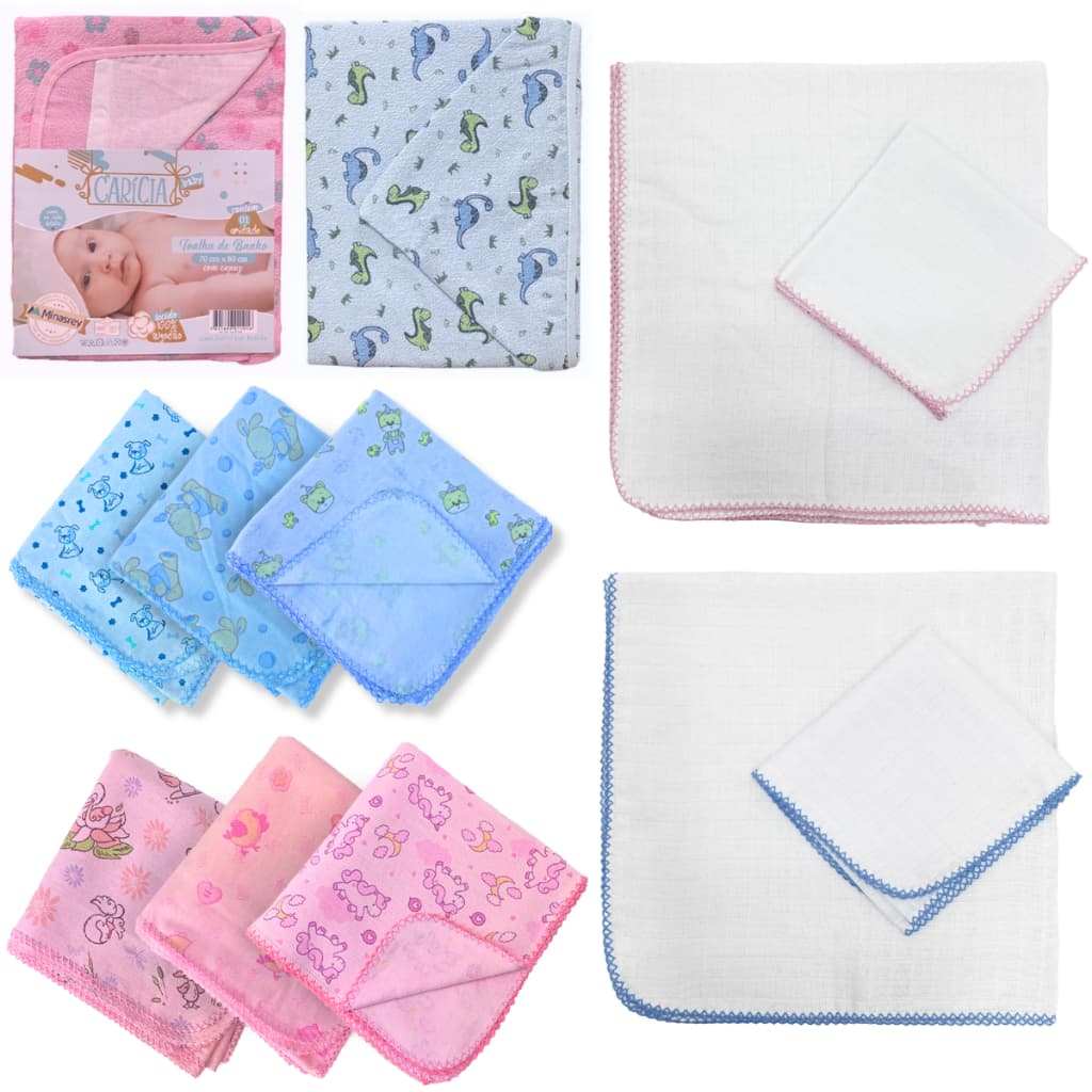 Kit Enxoval Bebê 6 Pçs 100% Algodão | 3 Cueiros 80x80 + 1 Toalha 70x80 + 1 Fralda 68x68 + 1 Fralda Boca 33x33