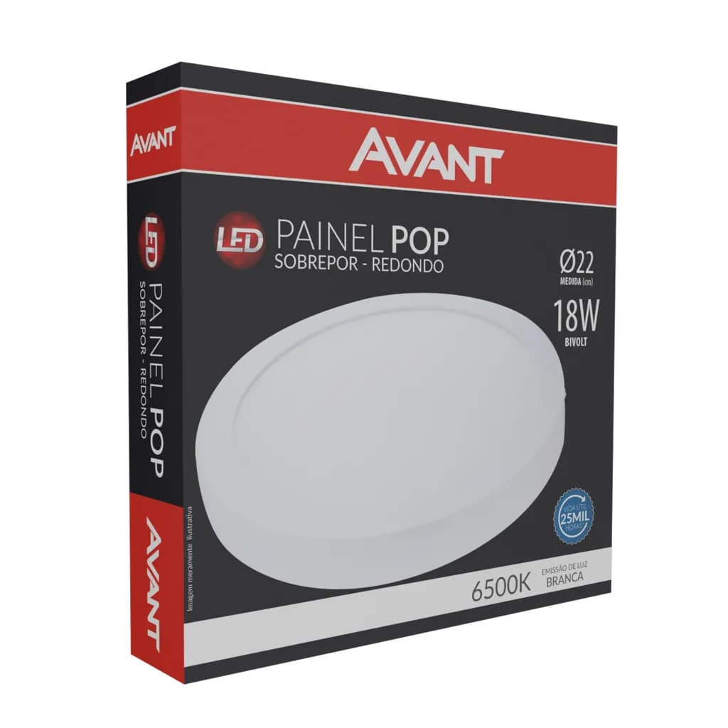 Luminária Painel Plafon Led 18W Avant Redondo Sobrepor Branco Frio 6500K Bivolt