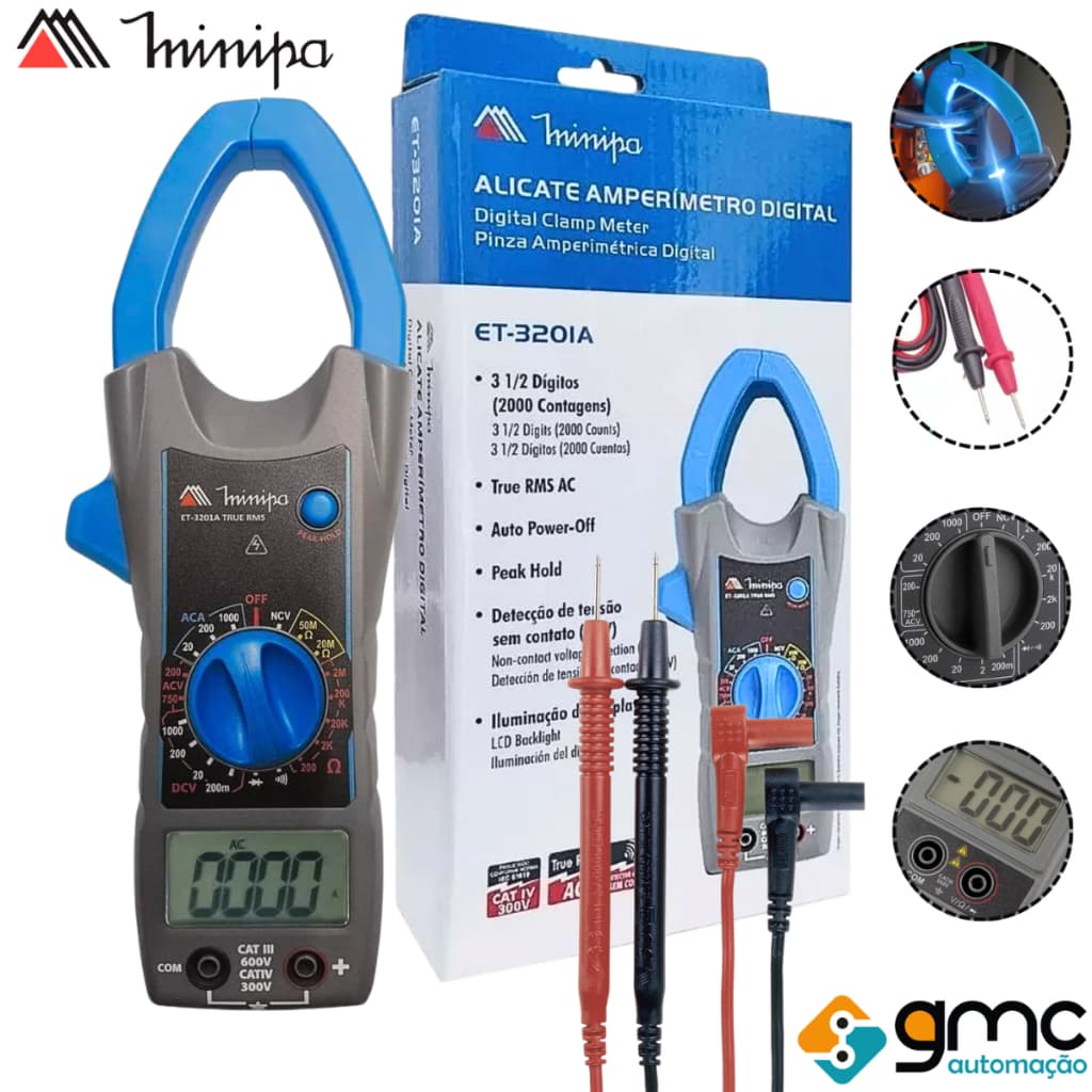 Alicate Amperímetro Multímetro Digital 1000a Cat Iv True Rms 300v Et-3201a Minipa