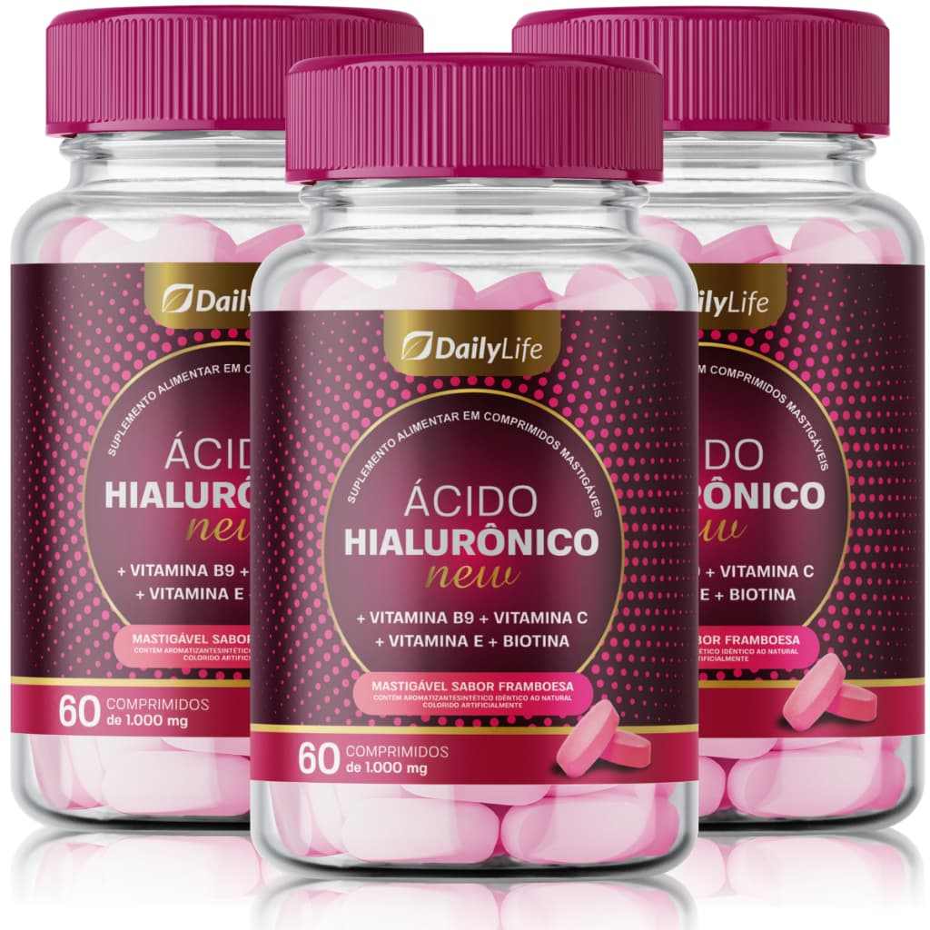 3x Ácido Hialurônico 100mg com Vitamina E, Vitamina C & Biotina 60 Comprimidos Comestiveis