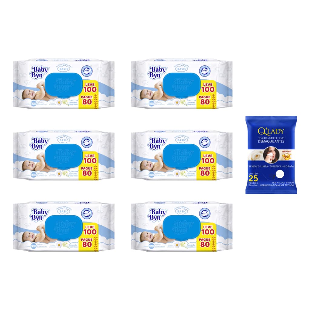 Kit Toalha Umedecida Baby Byn Basic 600 Folhas + Toalha Demaquilante Q'Lady 25 Folhas