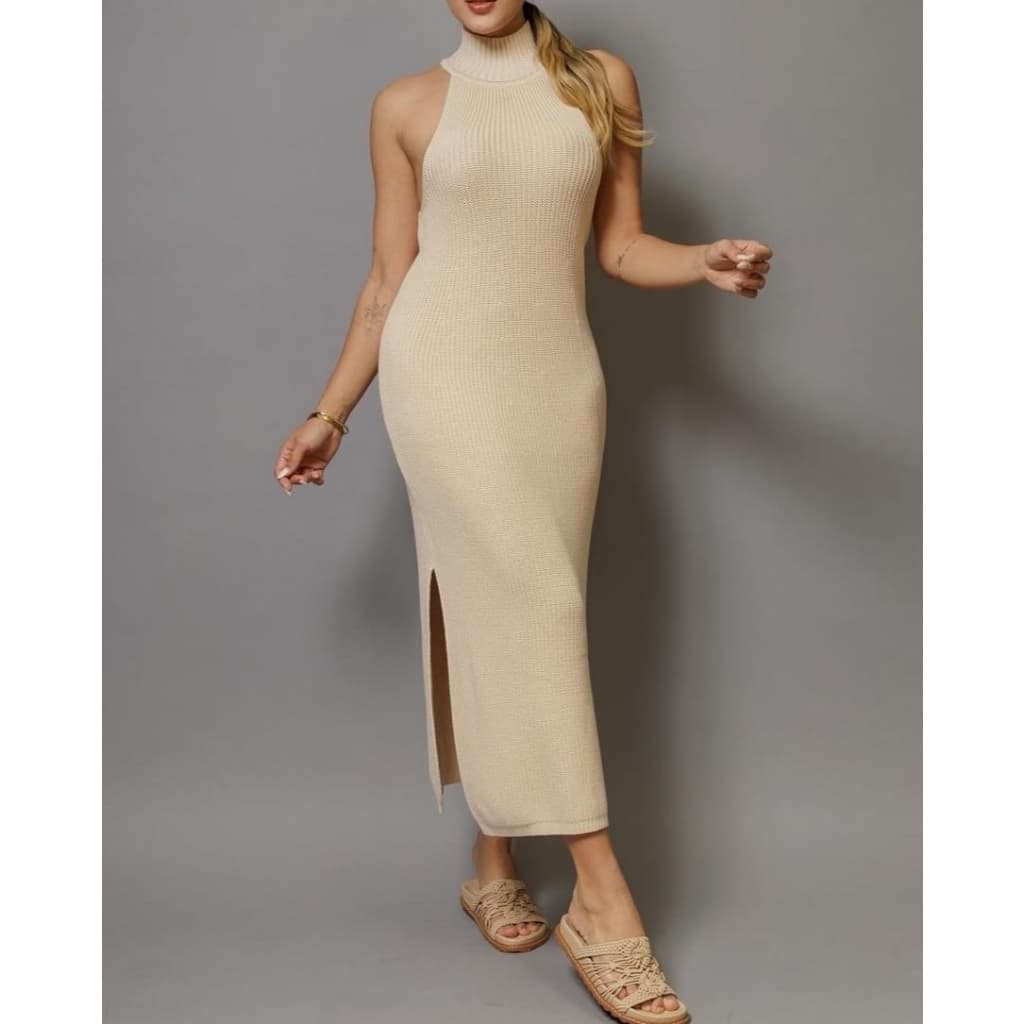 Vestido Garrafinha Cavado / Vestido Cava Americana / Vestido Tricot Modal Canelado / Vestido Tricô