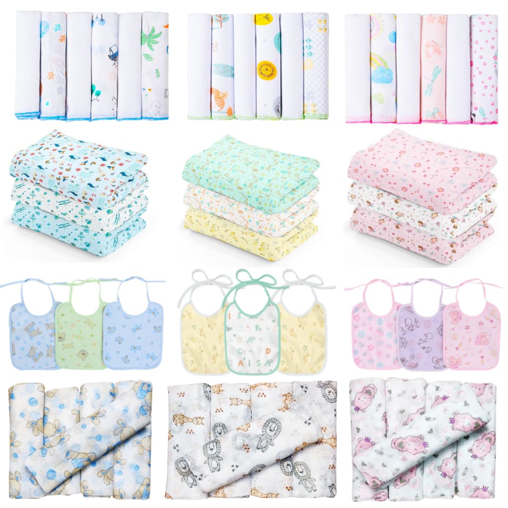 Kit Enxoval Completo para Bebês Recém Nascidos 17 Peças - 5 Fraldas Passeio 60x60cm + 3 Cueiros Grandes 60x80cm + 5 Panos de Boca 30x30cm + 3 Babadores MRY Impermeáveis - Estampados, Grande, Macio, Confortavel, Conjunto Maternidade Qualidade