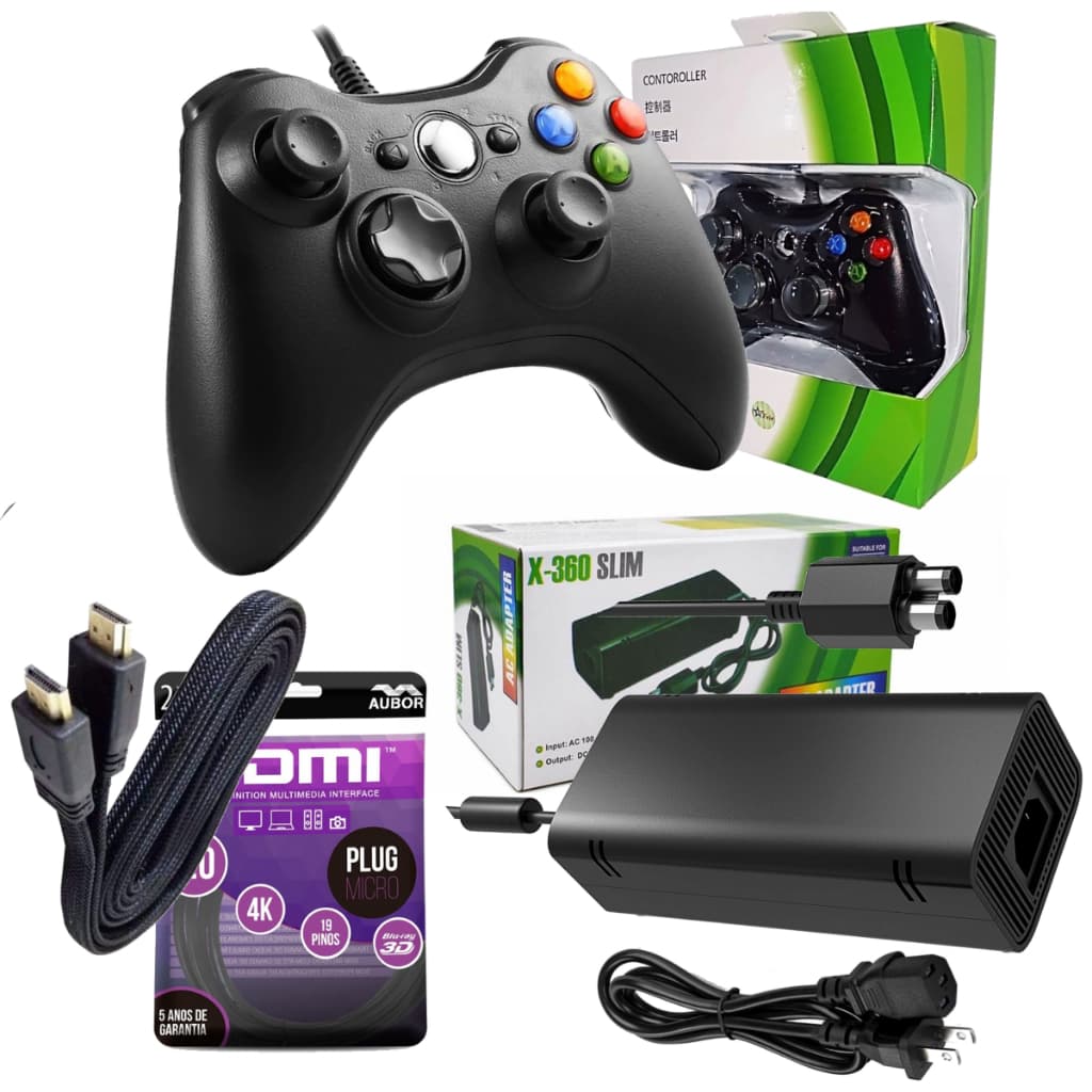 Kit Fonte XBox 360 Bivolt Modelo Slim + Controle + Hdmi 4K Acessórios Para Video Game Xbox 360