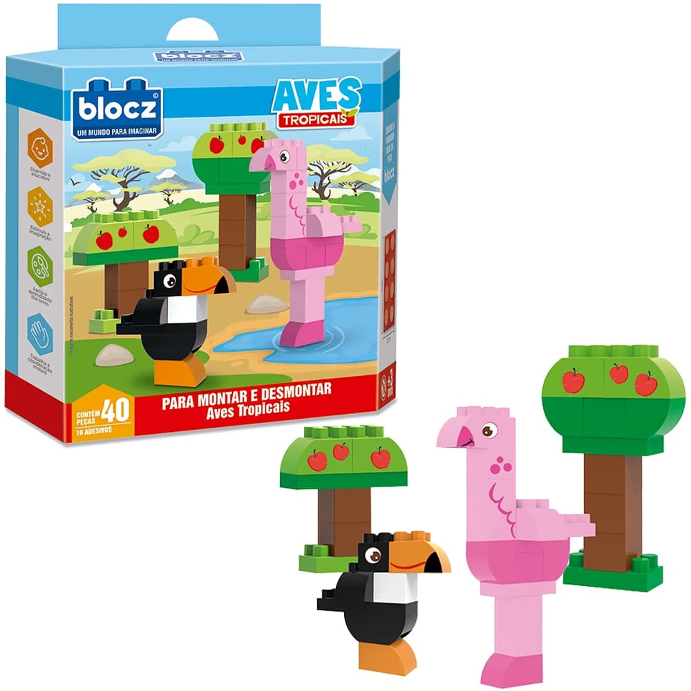 BLOCOS DE MONTAR BLOCKS AVES TROPICAIS /AVENTURA NO SAFARI /AVENTURA NA SAVANA /DINOSSAUROS DINO SAURS COM  + DE 10 ADESIVOS E 40 PECAS LEGO DINOSSAURO TUCANO FLAMINGO GIRAFA TARTARUGA  ELEFANTE JACARE