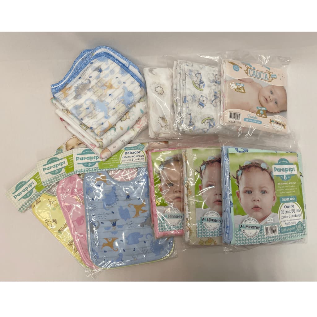 Kit Enxoval Completo para Bebês Recém Nascidos com 5 Fraldas Passeio 60x60cm + 3 Cueiros Grandes 60x80cm + 5 Panos de Boca 30x30cm + 3 Babadores MRY Impermeáveis - Estampados, Grande, Macio, Confortavel, Conjunto Maternidade Qualidade