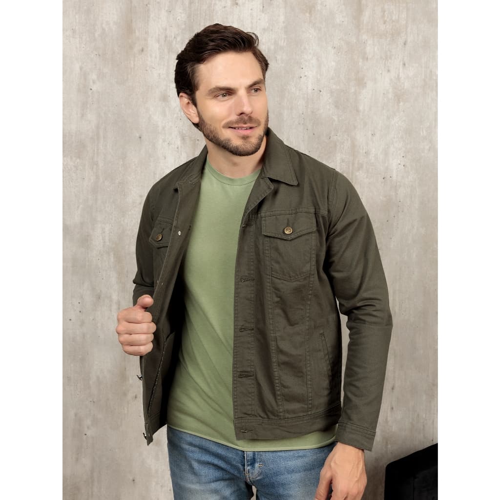 Jaqueta Masculina de Brim Verde Militar Modelo Tendência Tecido Premium
