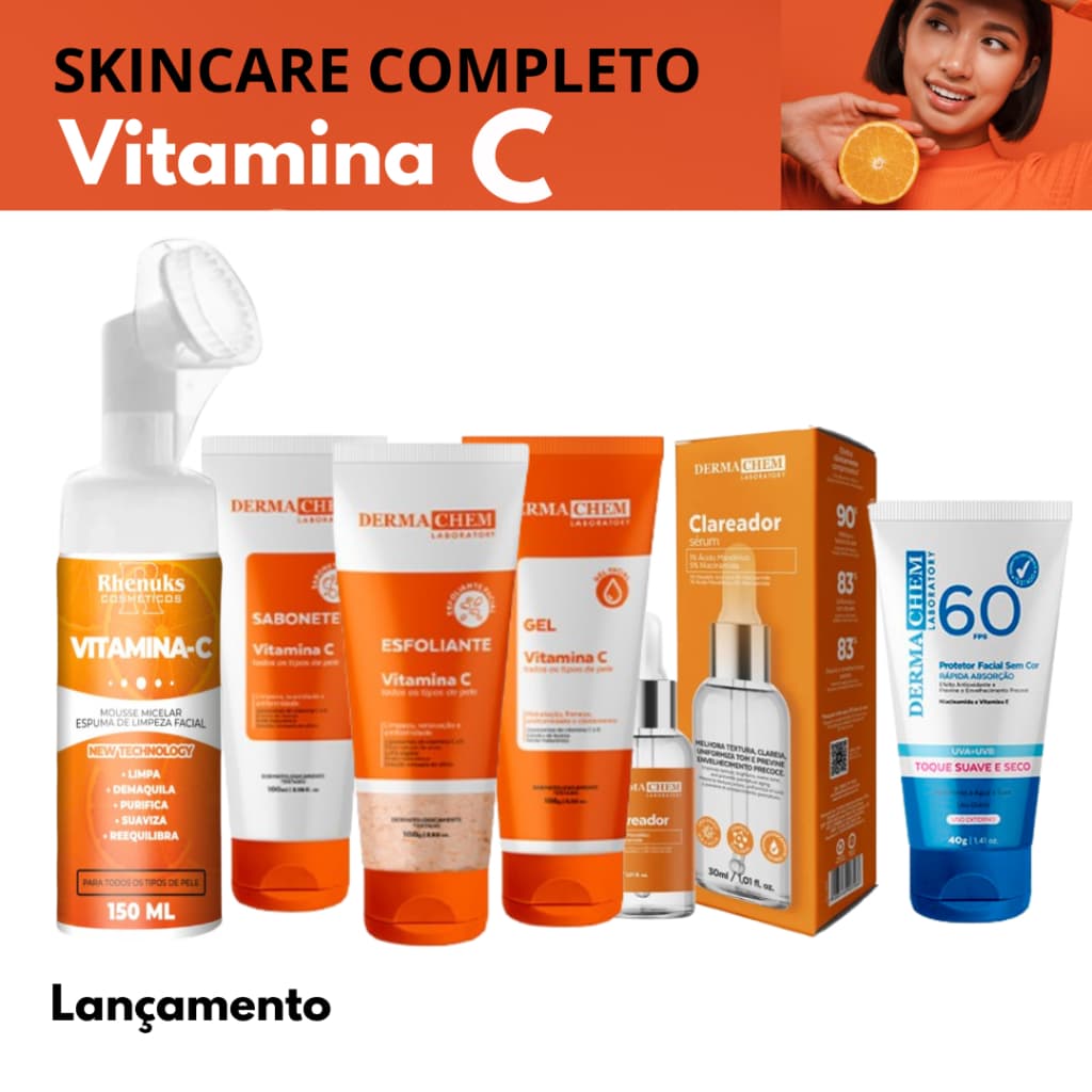 Kit Skincare Vitamina C  Dermachem+Serum Clareador+Protetor Solar S/cor FPS60+Mousse Micelar Vit. C
