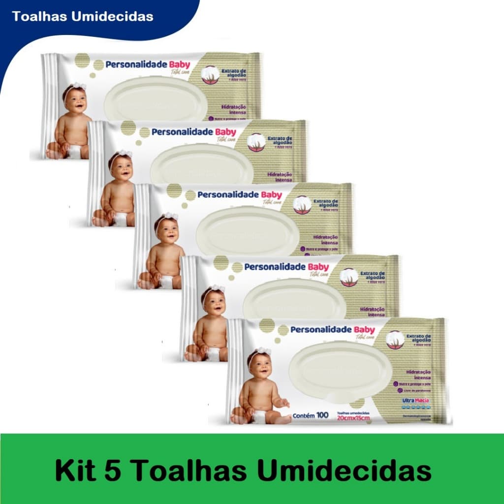 Kit 5ptes Personalidade Baby 100 Toalhas Umedecidas Cada - Total 500un EQ.1