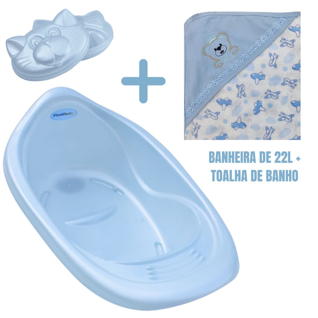 KIT BANHO BEBÊ BANHEIRA 22L + TOALHA FRALDA COM CAPUZ E BORDADO OU ROUPÃO + SABONETEIRA PLASTIBABY