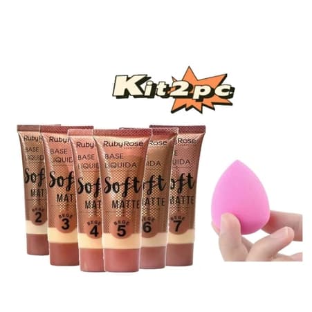 KIT Base Líquida Soft Matte Bege Ruby Rose HB8050+1PC Esponjas Faciais Para Maquiagem(COR aleatórias