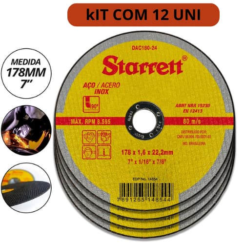 KIT 12 DISCO DE 7 POL  STARRET ABRASIVO DE CORTE 178X1,6X22,2MM (7"X1/16"X7/8") STARRET