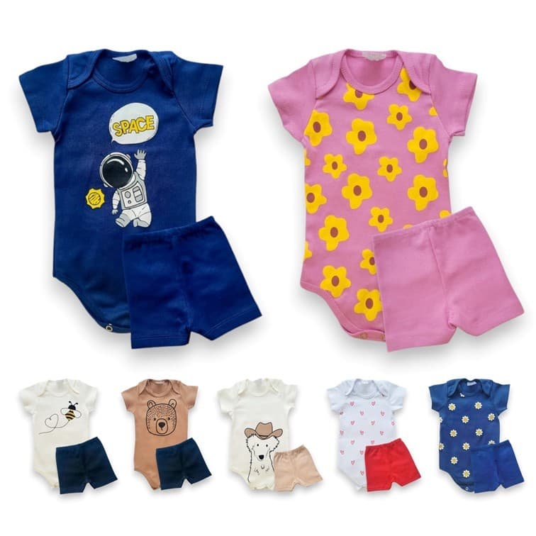 Kit Body Verão Estampado 2 Peças Menina ou Menino, roupas para bebê, Conjunto de Bebê. Tam RN ao GG