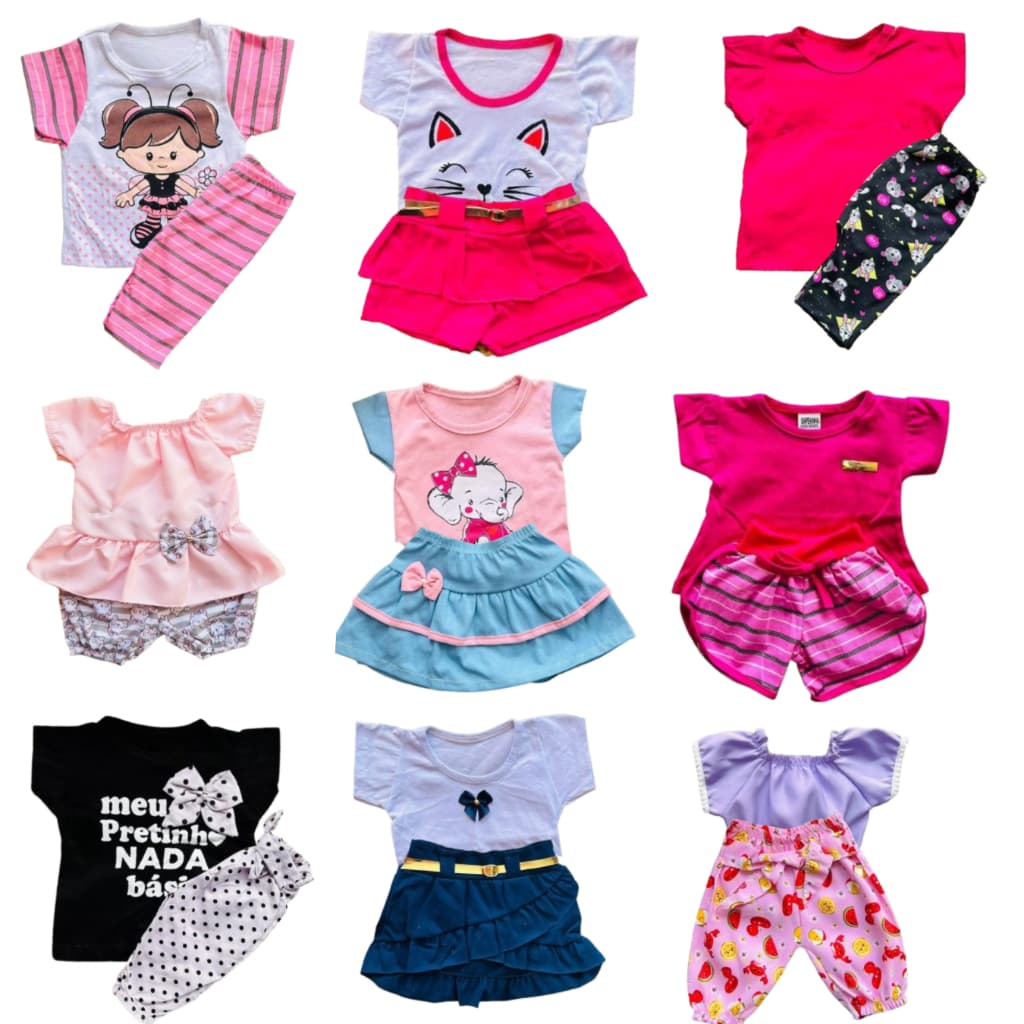 Kit 8 peças bebê luxo 4 camisetas + 4 short/calça festa menina infantil 3-6 meses promoção enxoval verão