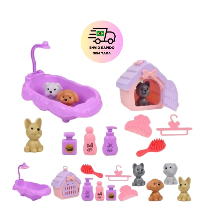 BRINQUEDO PET CACHORROS COM BANHEIRA E CASINHA + ACESSÓRIOS