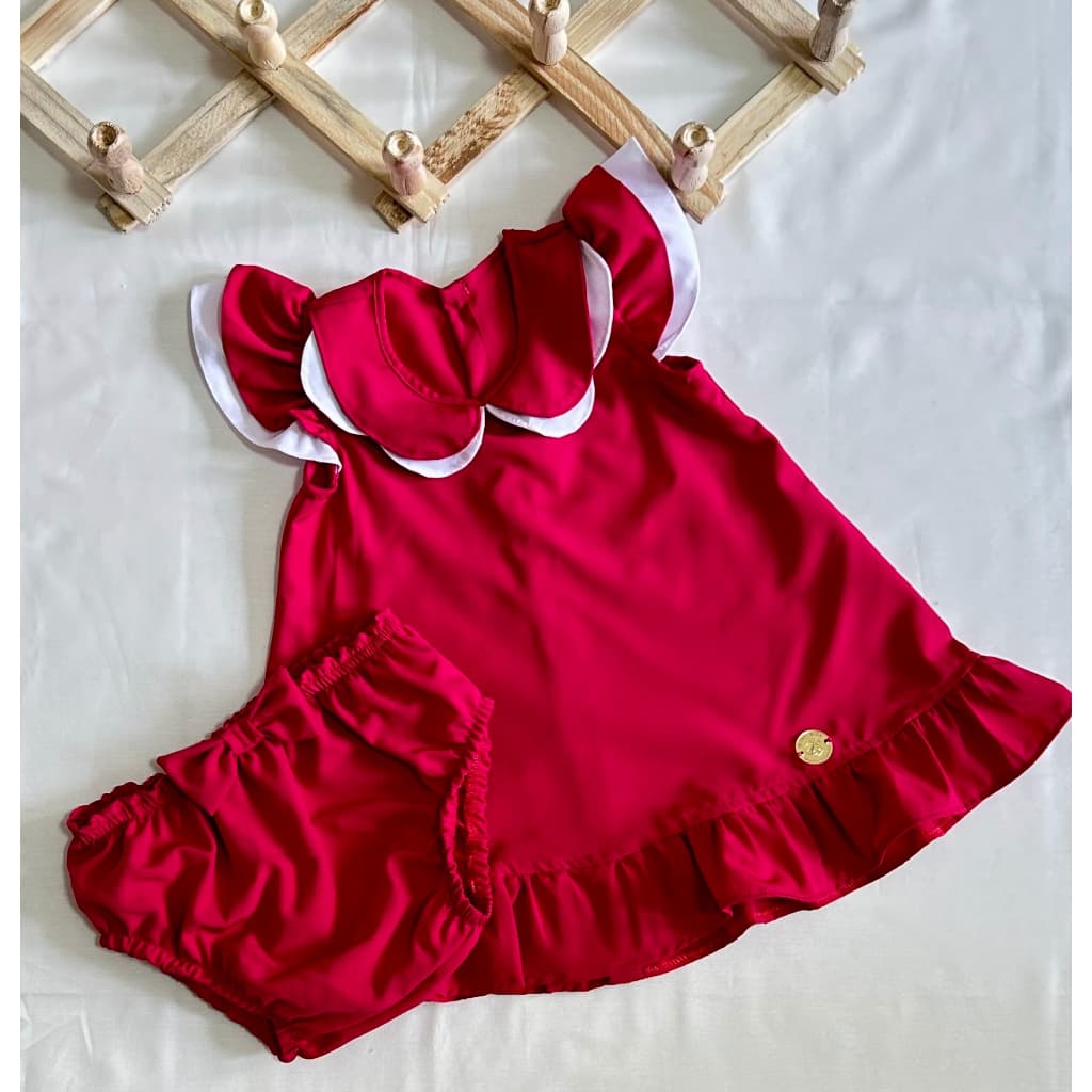 vestido infantil com gola boneca e calcinha tapa fralda