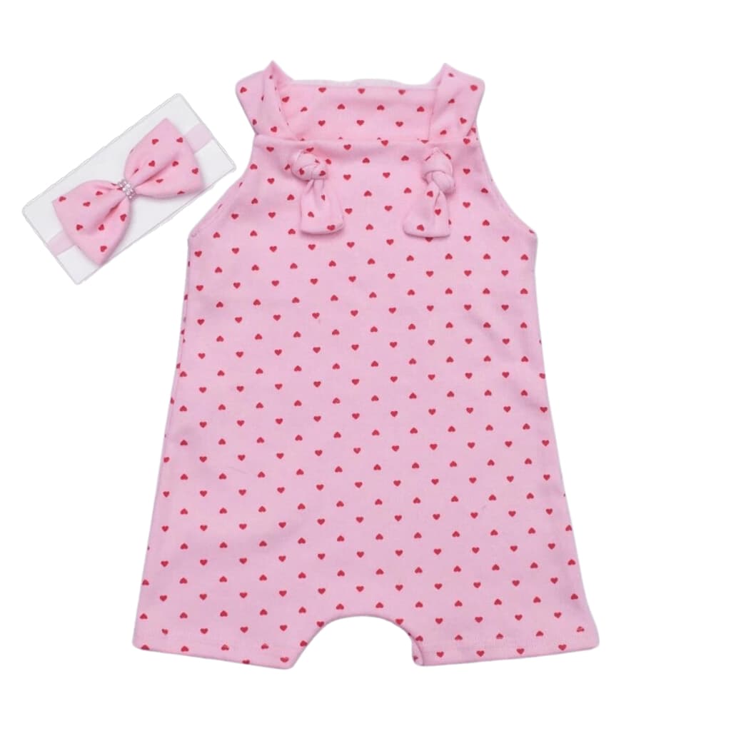 Jardineira de Bebê Menina com Faixa de Cabelo Estampa Corações 100% Algodão Bebe Roupa Menina Verão