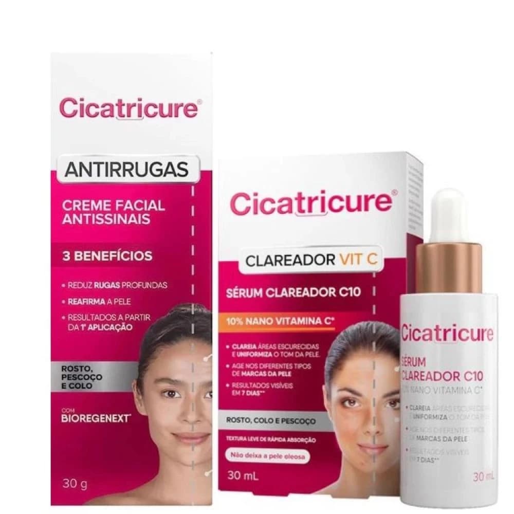 Kit Cicatricure Creme Antissinais 30g + Sérum Vitamina C 30ml Tratamento Anti-Idade e Clareador Facial