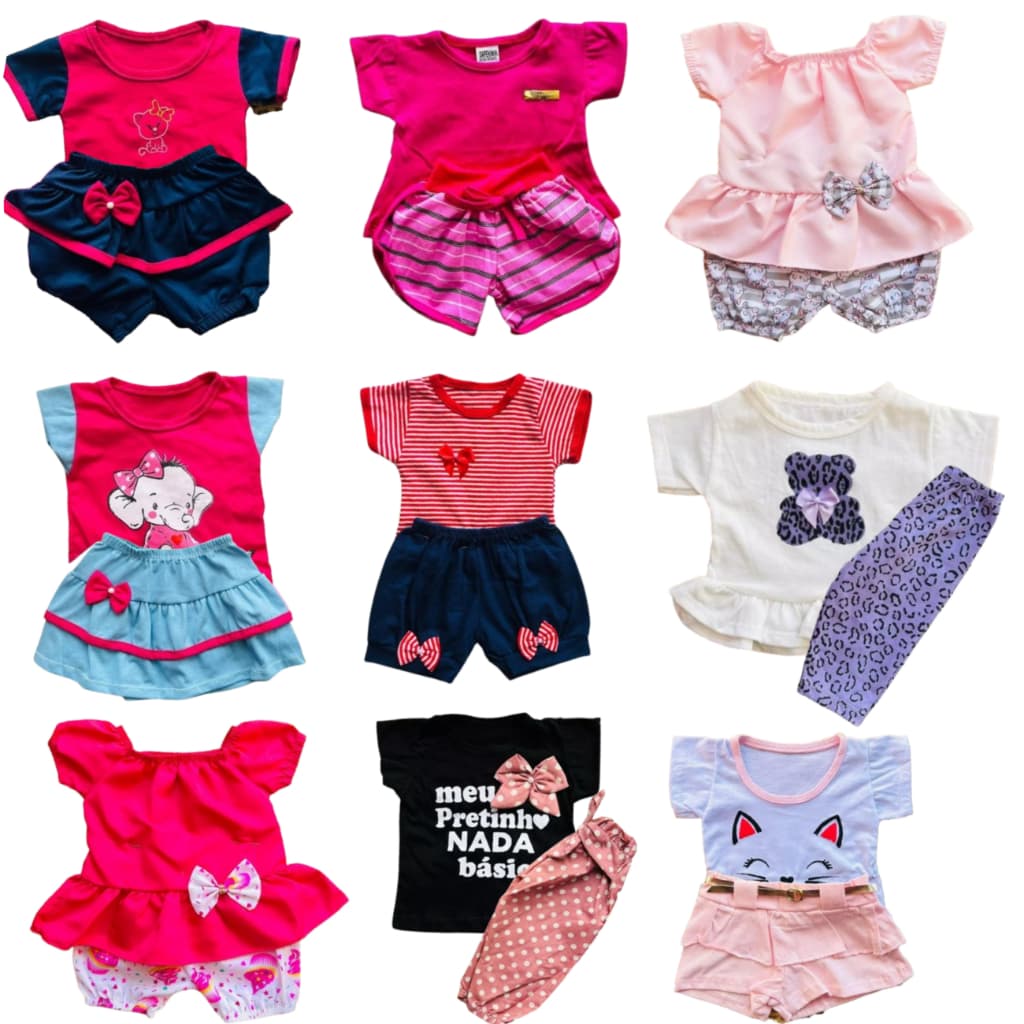 Kit 10 peças bebê variadas 5 camisetas + 5 short/calça menina festa enxoval verão 3-6 meses