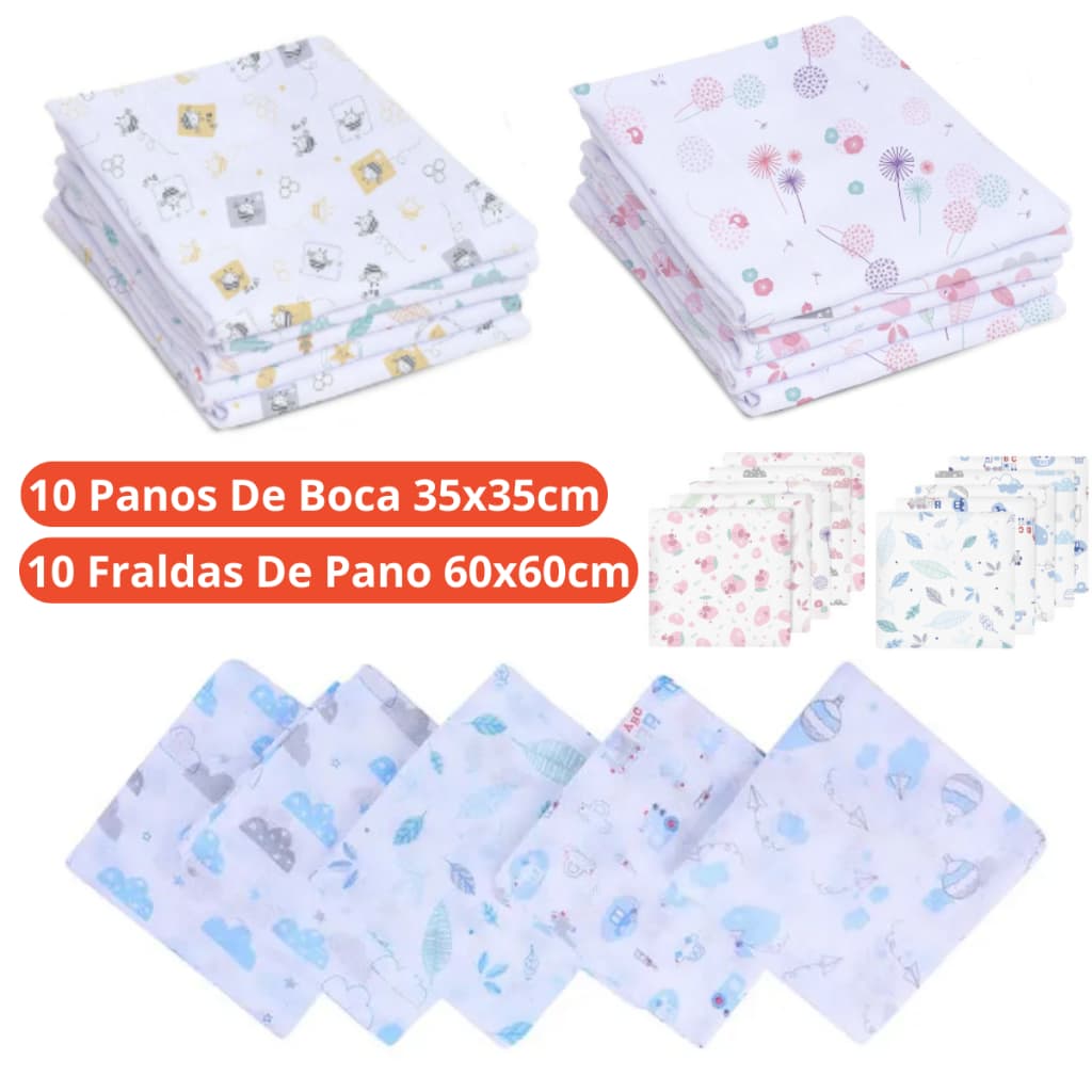 Kit 20 Fraldas 100% Algodão - 10 Fraldas de Boca 35x35cm + 10 Fraldas de Pano 60x60cm | Sem Bainhas, Macias, Bebê, Enxoval Maternidade, Recém nascido,  Babete Toalinha
