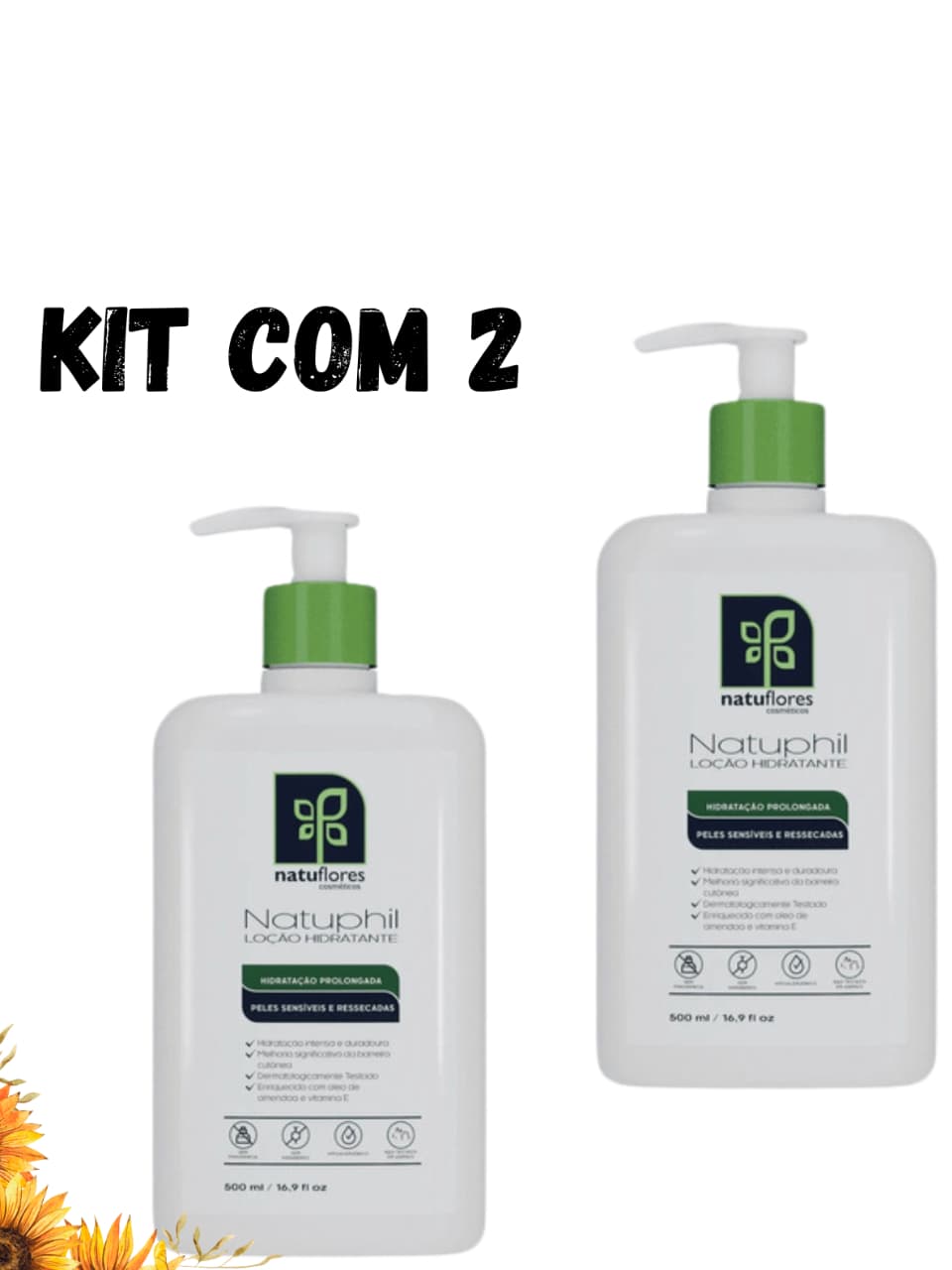 Kit Loção Hipoalergénico Hidratante Corporal Natuphil 500ml Vegana para Peles Extremamente Seca Natuflores