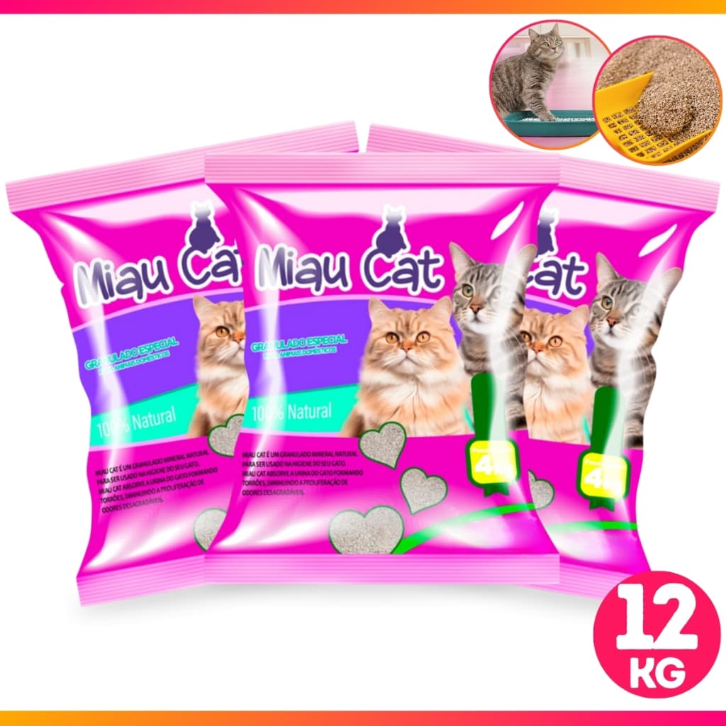 Kit Com 3 Pacotes de Areia Sanitária Antiodor Tira Cheiro Miaucat Para Gatos Tradicional 100%Natural