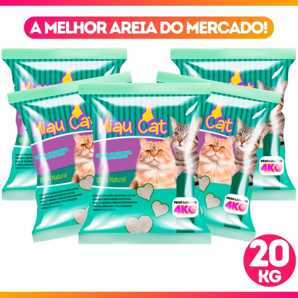 Kit Com 5 Pacotes de Areia Granulada Sanitária Antiodor Miaucat Para Gatos Tradicional 100% Natural
