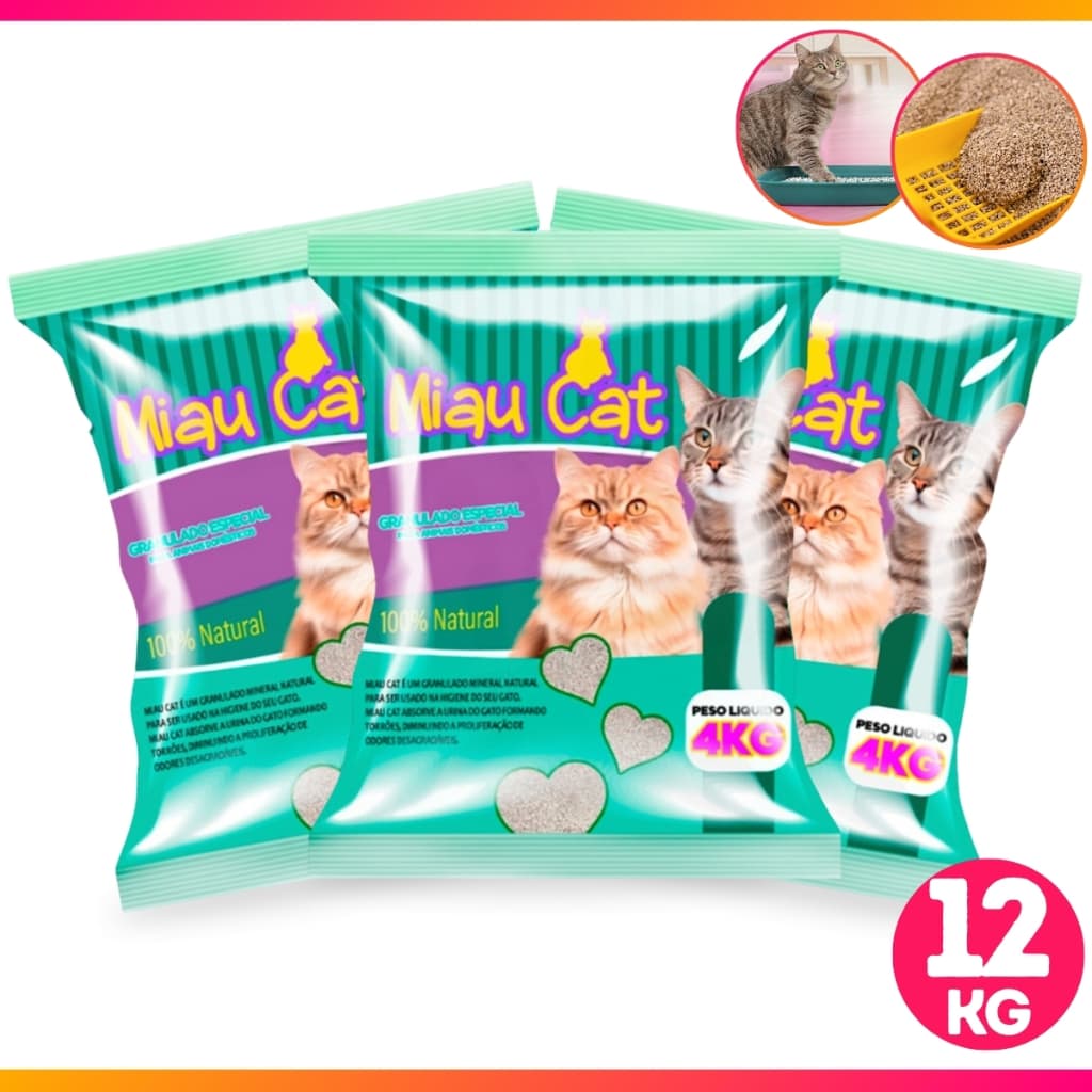 Kit Com 3 Pacotes de Areia Sanitária Granulada Antiodor Miaucat Para Gatos Perfumada 100% Natural