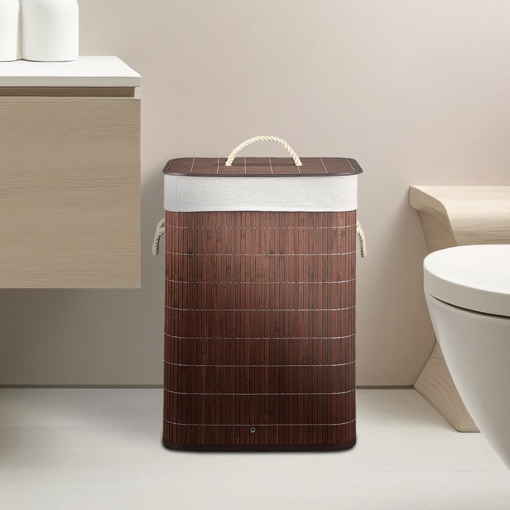 Cesto de Roupa Lavanderia em Bambu Com Tampa Forrado com Alça Brinquedo Quarto Banheiro Dobrável