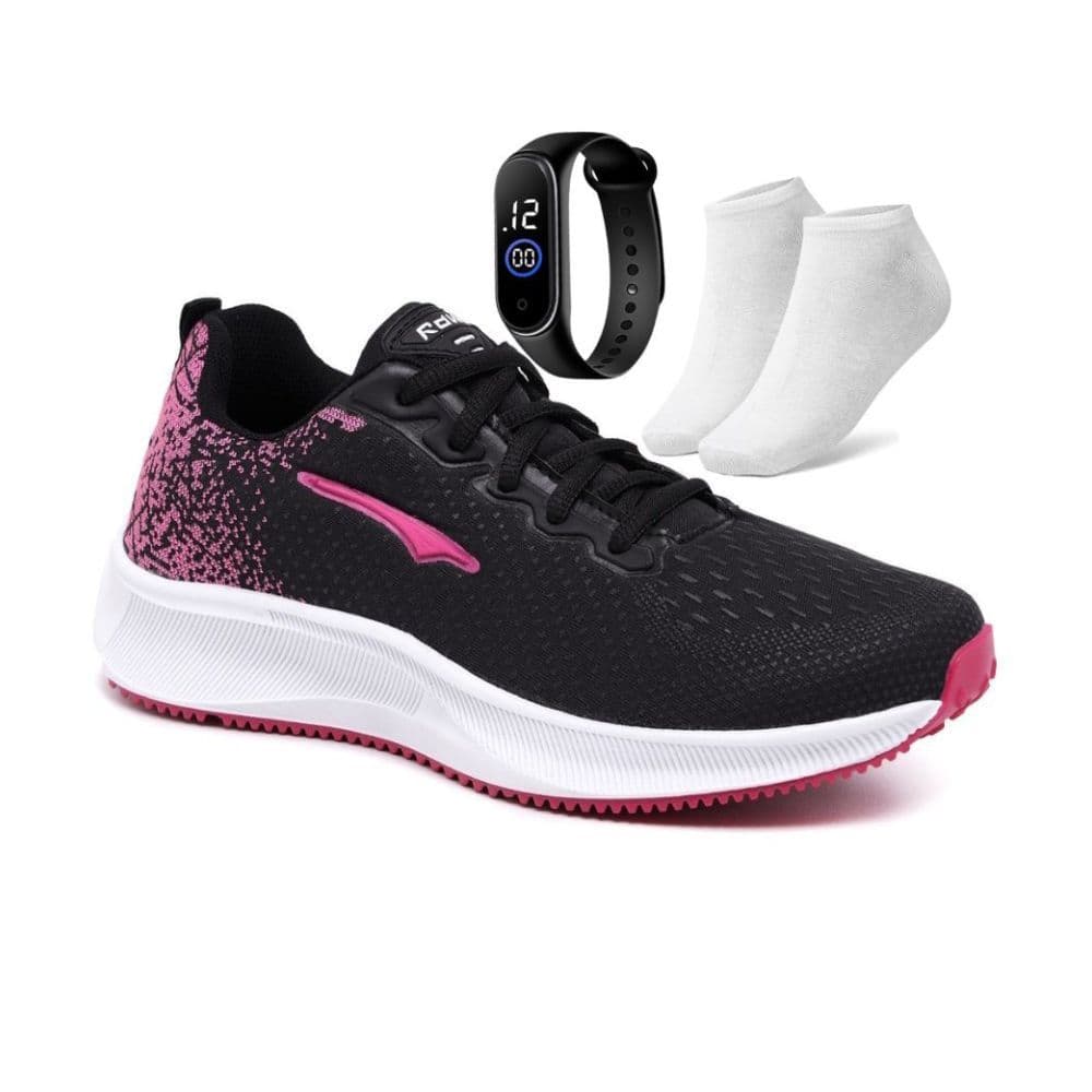 Kit Tênis Feminino Confortável Esportivo Resistente Ortopédico + Meia e Relógio Led Lançamento